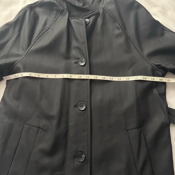Black PU leather belted single breasted long trench coat - Picture 10 of 13